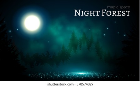 Night Coniferous Forest. Magic Woods. Moonlight and Fog. Nature, Mystery and Fairy Tale Space. Vector illustration