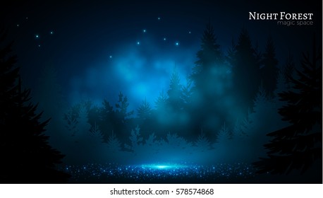Night Coniferous Forest. Magic Woods. Moonlight and Fog. Nature, Mystery and Fairy Tale Space. Vector illustration
