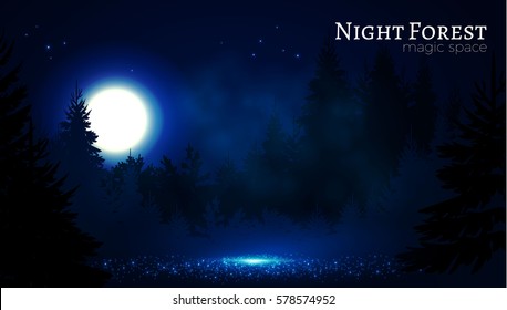 Night Coniferous Forest. Magic Woods. Moonlight and Fog. Nature, Mystery and Fairy Tale Space. Vector illustration