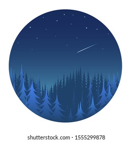 Night coniferous forest with a starry sky. Blue silhouettes of pines and firs. Vector round illustration.