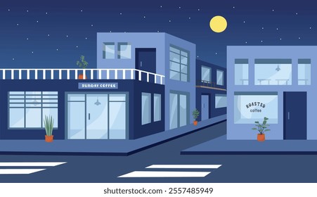 Night in the Convenience store illustration. Shop. Outlet. Department store. Market. Supermarket. Mart. Emporium. Chain store. Hypermarket. Business district. Store district.