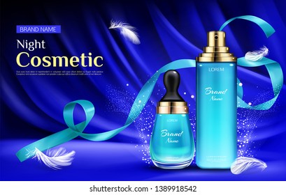 Night cosmetic beauty serum bottles with droplet and pump, mockup on blue silk draped fabric background with satin ribbon, feathers and space for cosmetics name brand Realistic 3d vector illustration