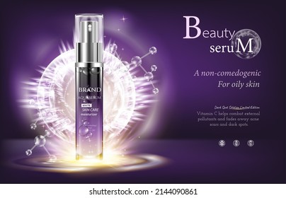 Night Cosmetic For Face Skin Care, Realistic Vector. Glass Cream Jar And Serum, Tube With Eye Gel. Cosmetics On Purple Shining Background With Light Flashes, Illustration 3D For Ads.