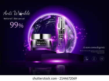 Night cosmetic for face skin care, realistic vector. Glass cream jar and serum bottle, tube with eye gel. Cosmetics on purple shining background with moon light effect and light flashes.