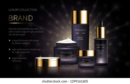 Night cosmetic line for face skin care realistic vector. Purple cream jar and serum, plastic tube. Luxury cosmetics collection on purple background with golden light rays Mock up for magazine, catalog