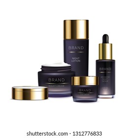 Night cosmetic line for face skin care realistic vector. Purple cream jar and serum, plastic tube. Luxury smart cosmetics collection isolated on white background Mock up for magazine, catalog