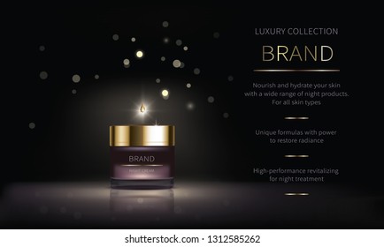 Night cosmetic product for face skin care, realistic vector. Purple jar of face cream and liquid golden drop of revitalizing serum. Cosmetics standing on glossy surface on dark background with lights