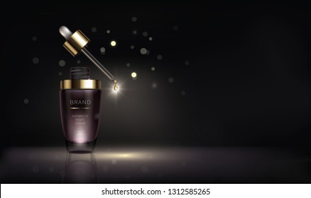Night cosmetic product for face skin care, realistic vector. Purple glass bottle with dripping pipette and liquid golden drop of revitalizing serum. Cosmetics on glossy surface in dark with lights