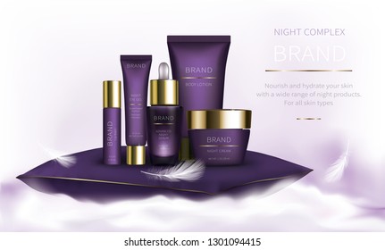 Night cosmetic series for face skin care, realistic vector. Purple jar of cream and serum, plastic tube with eye gel. Cosmetics standing on white fluffy cloud on light background with soft feathers