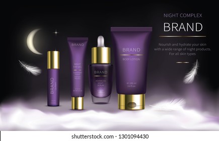 Night cosmetic series for face skin care, realistic vector. Purple jar of cream and serum, plastic tube with eye gel. Cosmetics standing on white fluffy cloud on purple background with soft feathers