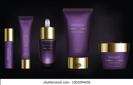 Night cosmetic series for face skin care, realistic vector. Purple cream jar and revitalizing serum, plastic tube with eye gel. Brand design for luxury premium cosmetics isolated on black background