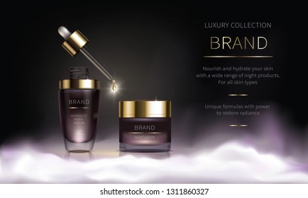 Night cosmetic series for face skin care, realistic vector. Purple jar of face cream and liquid revitalizing serum with dripping pipette. Cosmetics standing on white fluffy cloud on dark background