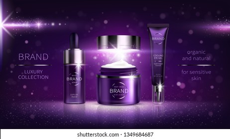 Night Cosmetic Series For Face Skin Care, Realistic Vector. Plastic Cream Jar And Serum, Tube With Eye Gel. Cosmetics On Purple Shining Background With Light Flashes, Stars Mock Up For Glossy Magazine