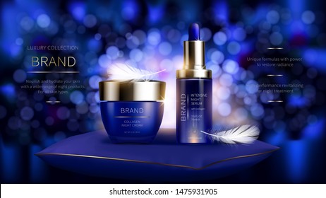 Night cosmetic series for face skin care, realistic vector. Blue jar of cream and serum bottle. Cosmetics standing on ultramarine pillow with white soft feathers on bokeh background with shine