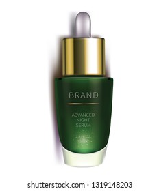 Night cosmetic serum for face skin care, realistic vector. Dark green glass bottle with pipette product, isolated on white background. Brand design for premium revitalizing cosmetics, anti-age serum