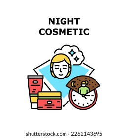 Night Cosmetic Vector Icon Concept. Night Cosmetic Tube And Jar Packages, Female Applying Healthy Cosmetology For Skin Care. Serum And Collagen Color Illustration
