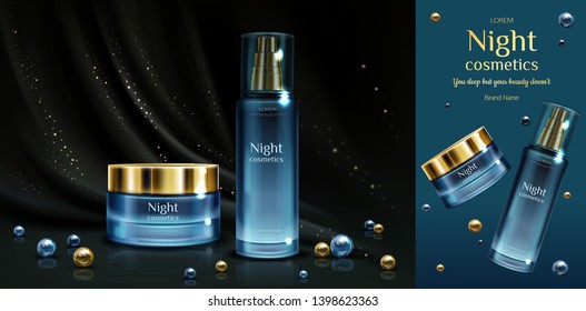 Night Cosmetics Beauty Cream And Serum Bottles Mockup On Black Draped Fabric Background With Golden Sparkles And Pearls. Cosmetic Jar And Tube With Pump, Promo Banner. Realistic 3d Vector Illustration