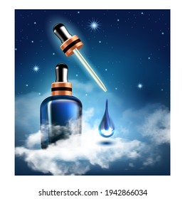 Night Cosmetics Creative Promotional Poster Vector. Hyaluronic Acid Cosmetics Blank Bottle With Pipette Advertising Marketing Banner. Skin Care Liquid Style Color Concept Template Illustration