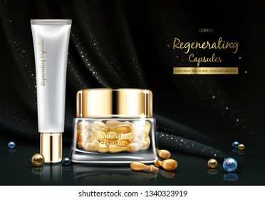 Night cosmetics line with skin regenerating oil or essence realistic vector banner. Hydrating oil capsules in glass jar, skincare cream plastic tube illustration on black silk background with pearls