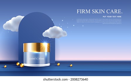 Night cosmetics or skin care product ads with bottle, banner ad for beauty products , star and cloud background glittering light effect. vector design.