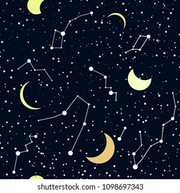 Night cosmic sky. Space Galaxy night vector seamless pattern with stars and moon on the dark sky. Cosmic starry blue background.