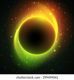 Night cosmic vector background with glowing stars around big dark planet in center and green-orange light trails. Beautiful bright eclipse in a distant galaxy  