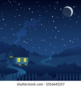 Night Country Farm Landscape With House Under The Crescent Moon And Stars Vector Illustration.