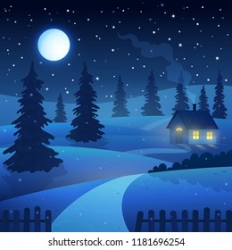 Night Country Farm Winter Landscape With House Under The Moon And Stars Vector Illustration. Happy New Year 2019 Postcard Template.