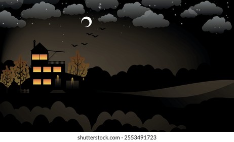 Night country landscape. Three-story cottage among fields against the background of forest, night sky with moon, stars, clouds, flying birds. Vector.