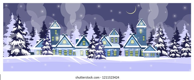 Night country scene with houses and fir-trees. Winter night and snowfall vector illustration. Winter concept. For websites, wallpapers, posters or banners.