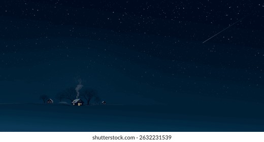 Night at countryside landscape with small town and leafless trees have a lot of stars in the sky background graphic illustration.