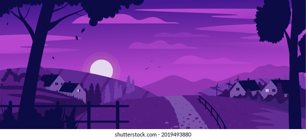 Night countryside village farm landscape vector illustration. Cartoon night country scene with road to farmer houses and garden through farmland hills, silhouettes of rural fence and trees background