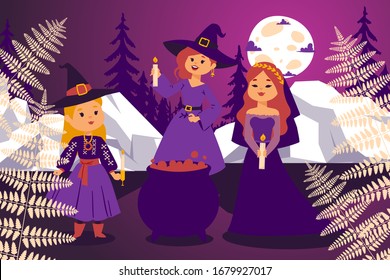 Night coven, flat character girl witch in magical hat, dress, night under moon vector illustration. Education little sorceress do spell, alchemy, and curse. Poster, greeting card, web banner.