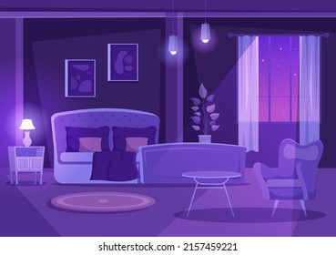 Night Cozy Bedroom Interior with Furniture Like Bed, Wardrobe, Bedside Table, Vase, Chandelier in Modern Style in Cartoon Vector Illustration
