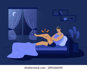 Night cramps. Man in bed woke up sudden sharp pain numb insensible legs, muscle cramp, ache injured joint, fatigue male foot, character suffering from spasms vector. Illustration of leg painful cramp