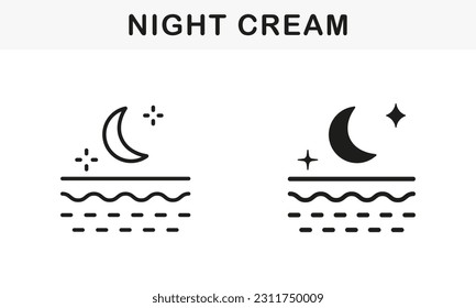 Night Cream for Body or Face Skincare Line and Silhouette Black Icon Set. Hygiene Facial Cream for Cleaning, Moisturizing, Anti Aging Pictogram. Cosmetic Product Symbol. Isolated Vector Illustration.