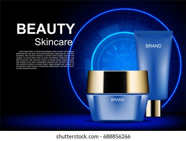 Night cream with futuristic circle on dark background, vector cosmetic ads template