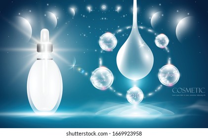 Night cream, Hyaluronic acid skin solutions ad, white collagen serum drop with cosmetic advertising