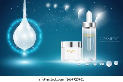 Night cream, Hyaluronic acid skin solutions ad, white collagen serum drop with cosmetic advertising