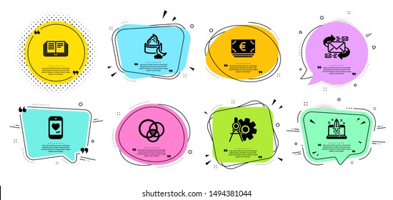 Night cream, Love chat and Euro currency line icons set. Chat bubbles with quotes. Euler diagram, E-mail and Education signs. Cogwheel dividers, Start business symbols. Face lotion, Smartphone. Vector