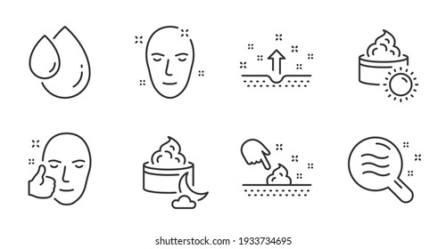 Night cream, Skin moisture and Healthy face line icons set. Sun cream, Clean skin and Oil drop signs. Face lotion, Healthy cosmetics, Cosmetics. Beauty set. Quality line icons. Vector