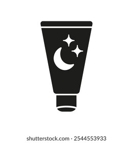 Night Cream Tube with Moon and Stars Silhouette Icon. Bedtime Skincare Product Glyph Symbol. Nighttime Beauty Product for Skin Care. Isolated Vector Illustration.