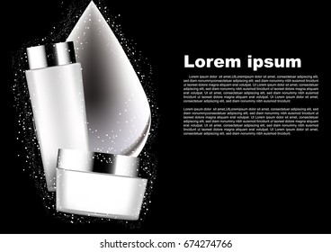 Night cream with water drop and template on dark background white cosmetic collection