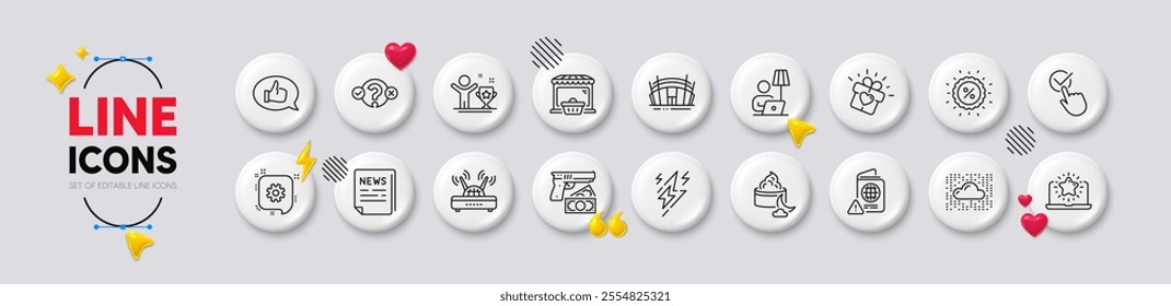 Night cream, Wifi and Robbery line icons. White buttons 3d icons. Pack of Arena stadium, Checkbox, Floor lamp icon. Best laptop, Lightning bolt, Cloud system pictogram. Vector