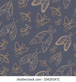 Night creatures seamless vector pattern with moths and fireflies. Hand drawn insects.
