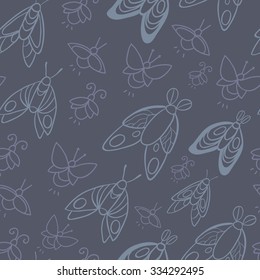 Night creatures seamless vector pattern with moths and fireflies. Hand drawn insects.