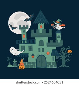 Night creepy castle at halloween with full moon, scary tree, cemetery and cute ghosts. Haunted house with pumpkins and bats.  Scary or spooky greeting card or poster. isolated vector illustration