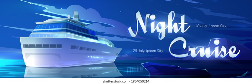 Night cruise on sea liner cartoon banner, invitation for booking ticket on modern ship travel in ocean, marine journey on luxury sailboat at tropical land, voyage on passenger vessel Vector poster