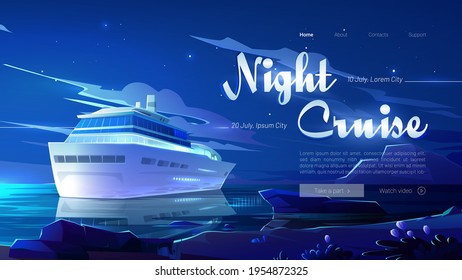 Sitio web de crucero nocturno con barco en el océano a la medianoche. Página de aterrizaje de vectores con caricatura ilustrativa de la playa de verano, mar tropical con transatlántico de pasajeros en el puerto y estrellas en el cielo