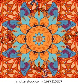 Night cute butterflies on red, orange and blue abstract background. Vector illustration. Seamless. Illustration for fabric, textile, print and invitation.